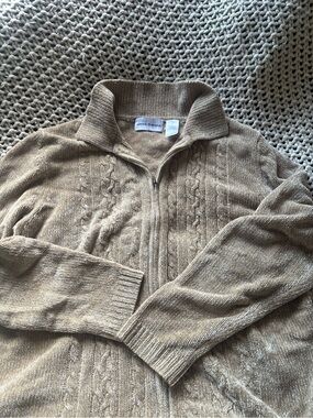 Alfred Dunner Tan Zip-Up Cable Knit Sweater